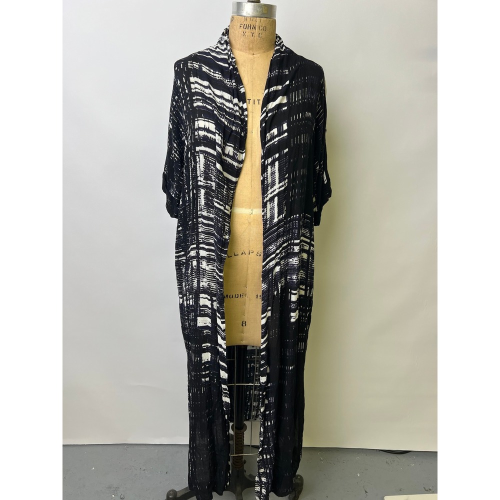 NIC+ZOE Womens XS Black White Abstract Print Duster Cardigan Open Front Rayon